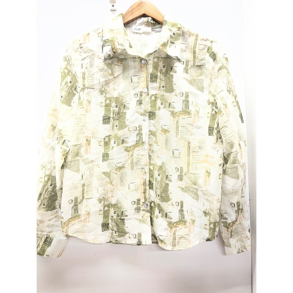 Rielle Vintage Abstract Architectural Print Button Down Shirt Sage Green Sz S